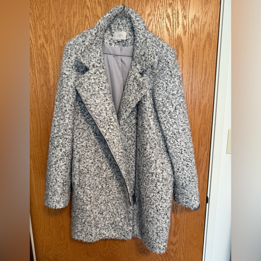 Loft Salt and Pepper Boucle Coat, Asymmetrical Zipper, Size L